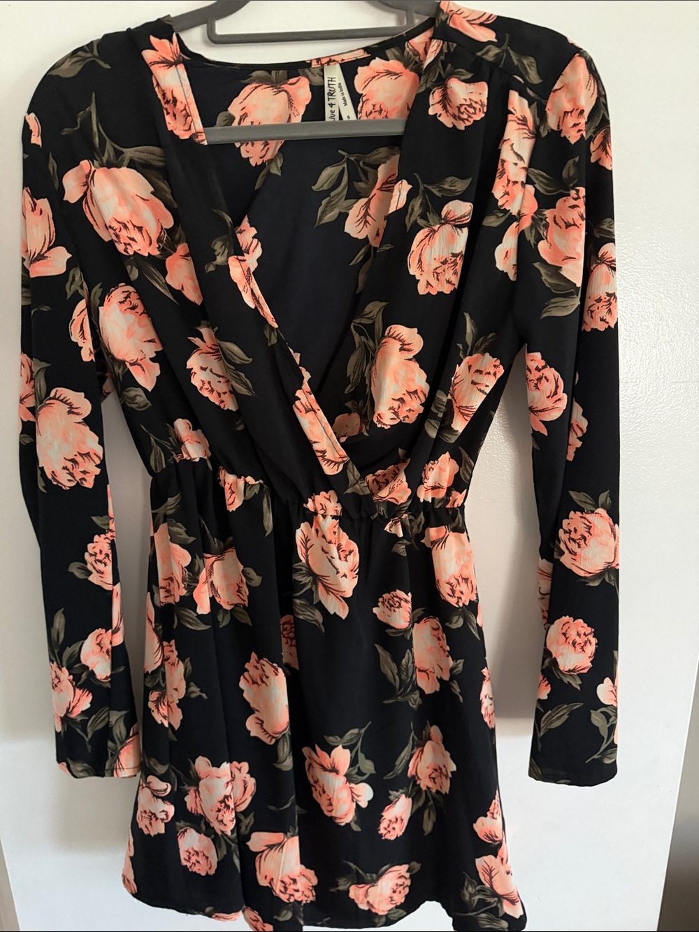 Black Floral V-Neck Long Sleeve Dress with Neon Peach Blooms